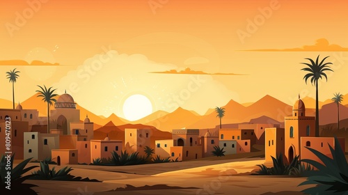 Middle Eastern city with a large sun setting over it.