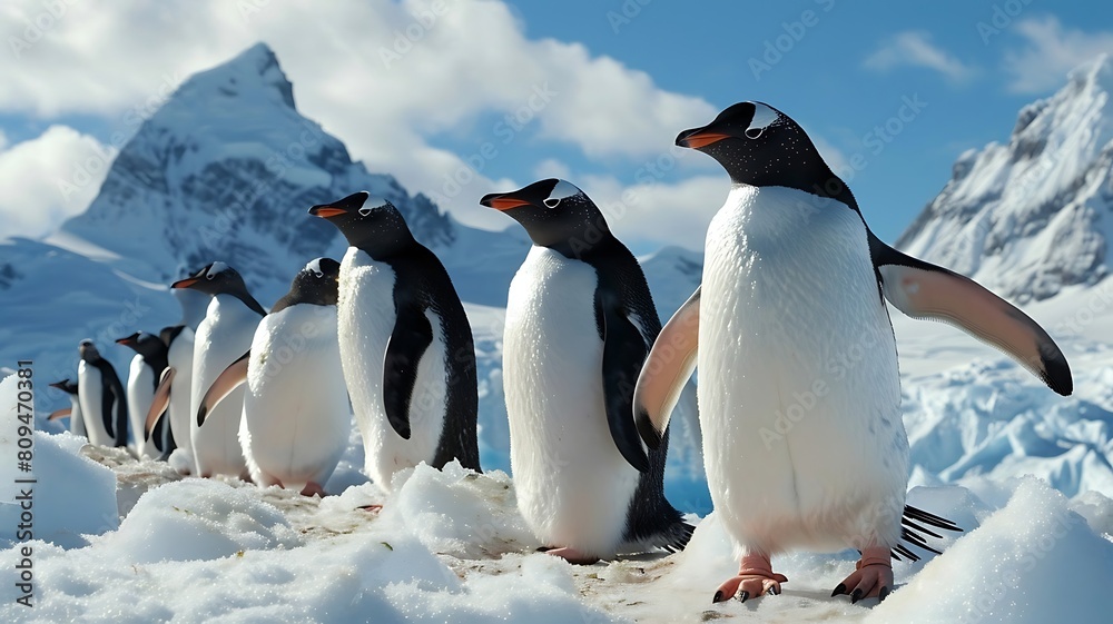 Fototapeta premium Arctic Refuge: A Colony of Penguins Huddling Together on a Snowy Shore