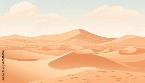 The image shows a vast expanse of desert with sand dunes and a clear blue sky.