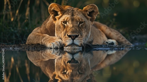Lioness rests with reflections in soft glow