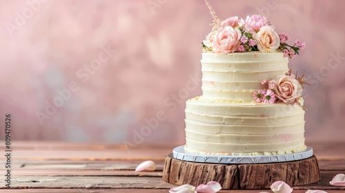  A white wedding cake adorned with pink flowers atop a wooden stand, situated in front of a pink wall on a wooden table