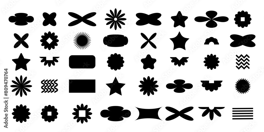 Fototapeta premium Abstract geometric shapes in y2k retro style. Brutalist figures, flowers and other primitive elements. Vector illustration