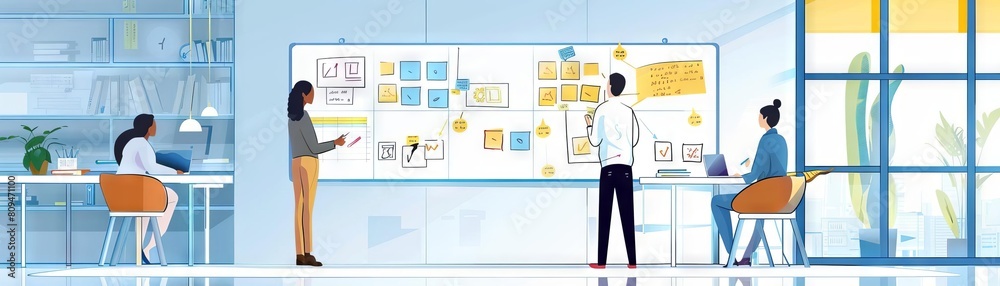 A dynamic scene where team members use magnetic tiles to map out a project timeline on a whiteboard A dynamic scene where team members use magnetic tiles to map out a project timeline on a whiteboard