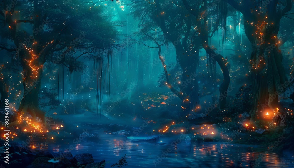 A fantasy illustration of a dark forest lit by glowing magical creatures, creating a mysterious atmosphere