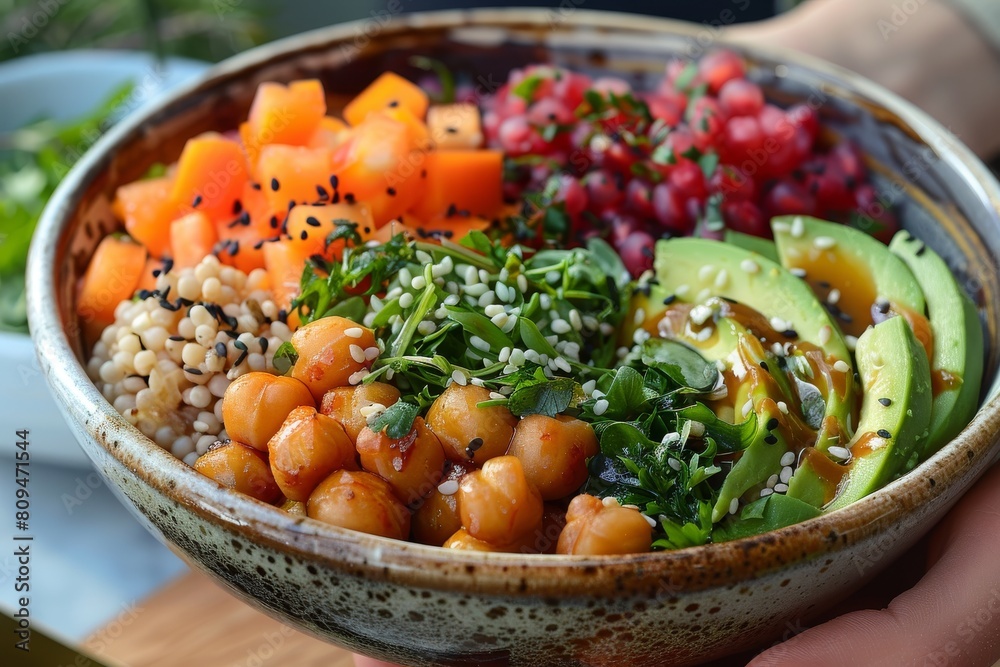 Top view of a bowl with vegan and vegetarian food. Plant-based diet. Healthy food and nutrition.