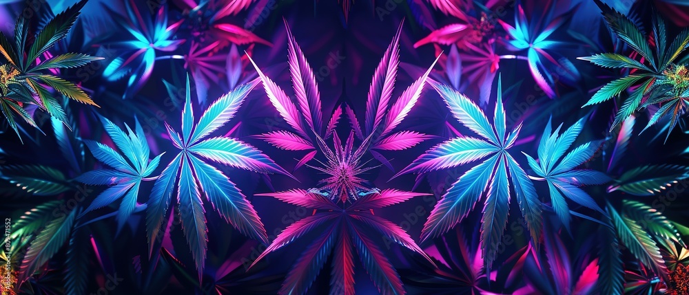 Designing Captivating Dark Backgrounds with Glossy Metallic Neon Marijuana Leaf Patterns, Embracing a Futuristic and Vibrant Aesthetic Designing Captivating Dark Backgrounds with Glossy Metallic Neon Marijuana Leaf Patterns, Embracing a Futuristic and Vibrant Aesthetic