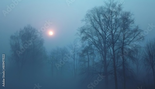 A foggy morning mist with faint trees and a rising sun, representing calm and serenity