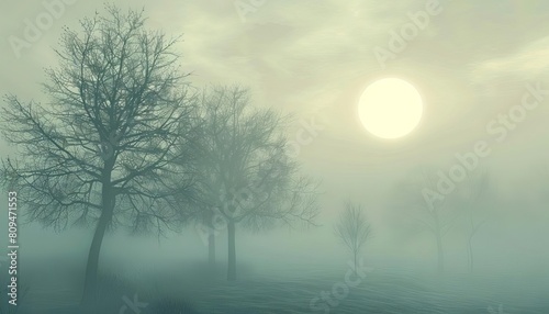A foggy morning mist with faint trees and a rising sun  representing calm and serenity