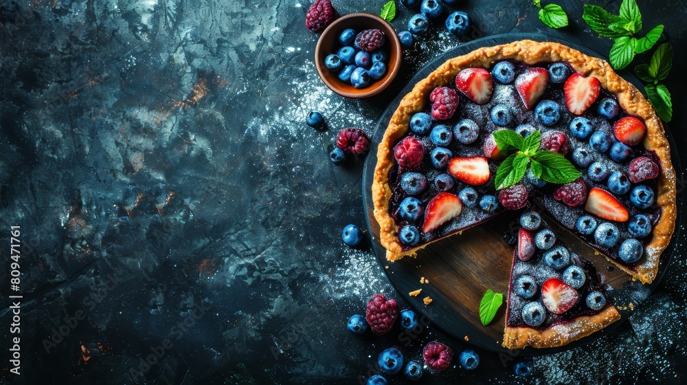   A pie with berries - blueberries, raspberries - atop a wooden cutting board, garnished with mint leaves