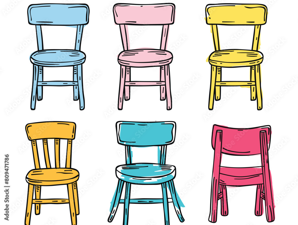 Colorful chairs illustration arranged two rows. Handdrawn style chairs, pink, yellow, blue, colorful furniture. Nine chairs, simple interior seating design, isolated white background