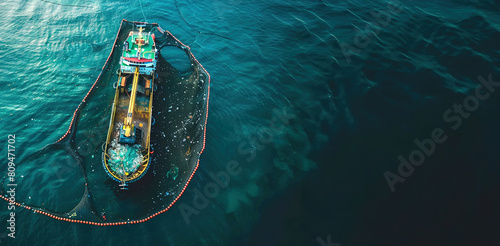 Aerial view: Ocean cleanup vessels deploy nets to collect floating plastic waste. photo