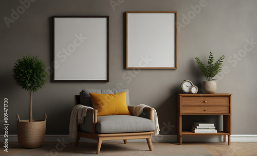 Mockup frame in farmhouse living room interior, 3d render. Cozy relax room interior and soft place with sideboard and window, mockup frame © MDSAYDUL
