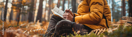 Concept development in a peaceful outdoor setting, an individual jotting down breakthrough ideas in a notebook surrounded by nature for inspirationRealistic Photography photo