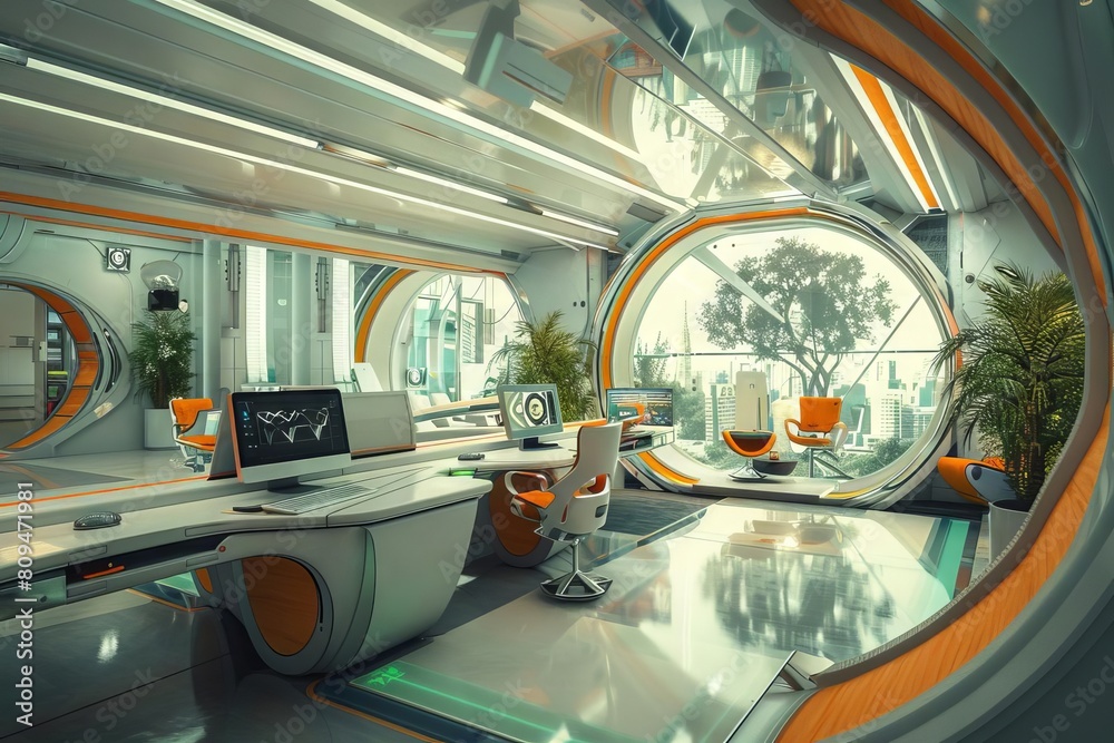 A futuristic office filled with AIdriven assistants helping workers streamline their daily tasks