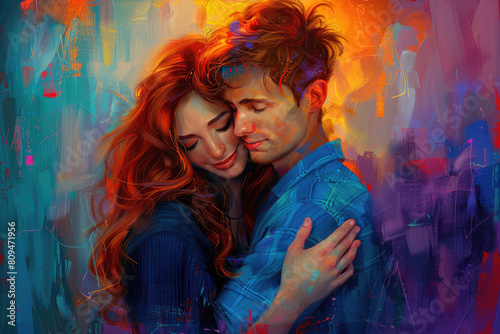 A vibrant colorful painting of an embrace between two lovers, one man with brown hair and blue shirt embracing the woman with long red wavy hair wearing jeans. Created with Ai