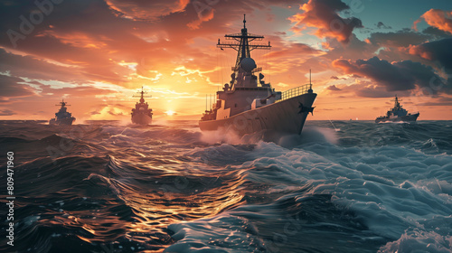 military ships in the sea. dramatic action shot photo
