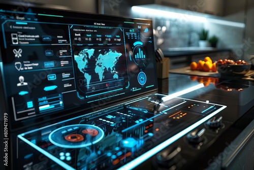 A futuristic smart kitchen control panel in light mode, showing interactive recipes and appliance status