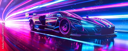 A futuristic sports car racing through a neon highway, creating streaks of light