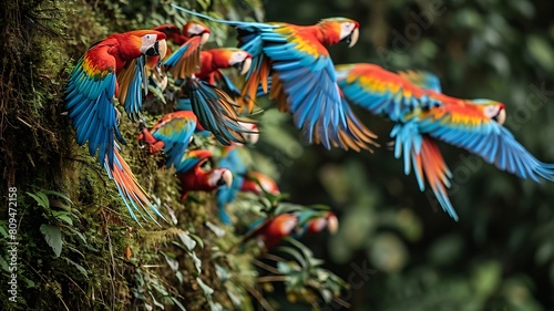 Rainbow Wings in Flight: Macaws Soar Amidst the Amazonian Canopy