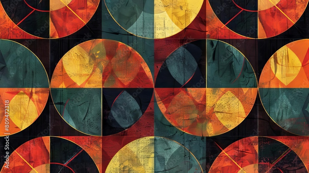 Fototapeta premium A geometric pattern of concentric circles and triangles in bold jewel tones, giving a retro feel