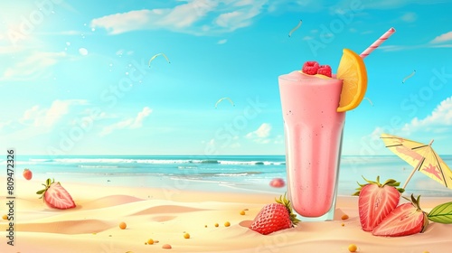 A creative summer fun concept design presents a landscape panorama of the sea and beach on a smoothie shake glass, perfect for post templates.