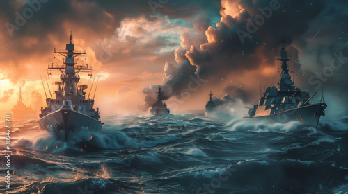 military ships in the sea. dramatic action shot