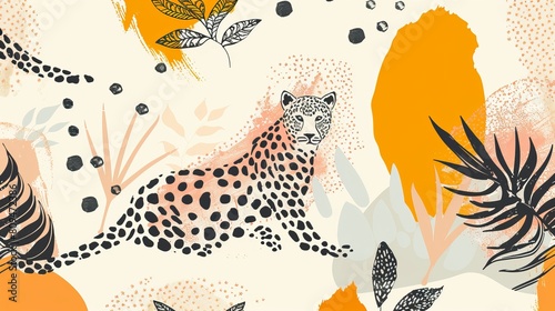 A hand-drawn abstract pattern featuring leopards and various organic shapes creates a contemporary collage print, serving as a fashionable template for design. photo