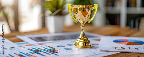 A golden trophy placed on a table beside financial reports, symbolizing awardwinning performance photo