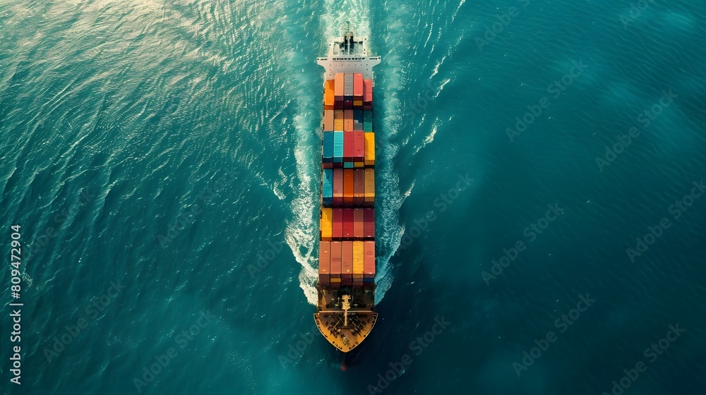 Aerial view of a cargo ship carrying containers sailing in the open sea. A barge carrying many colorful containers across the ocean surface at high speed, global business and shipping industry. Aerial view of a cargo ship carrying containers sailing in the open sea. A barge carrying many colorful containers across the ocean surface at high speed, global business and shipping industry.