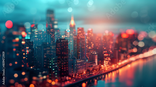 As twilight upon the cityscape, soft focus lights paint a dreamy glow across the skyline, transforming the urban landscape into a mesmerizing tapestry of hues photo