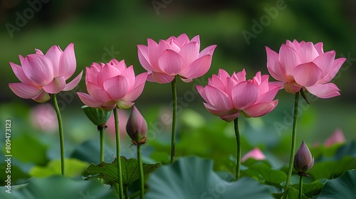 Pink Water Lilies in Full Bloom on Calm Pond