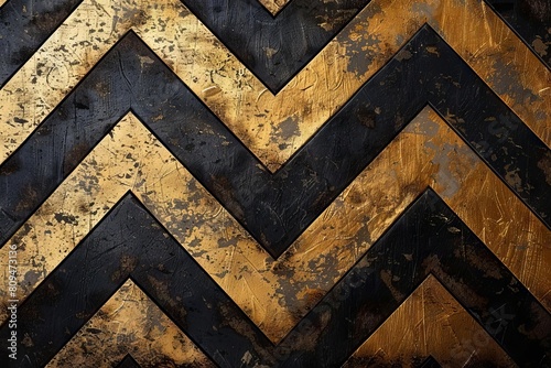 A highcontrast pattern of zigzagging chevrons in alternating black and gold stripes