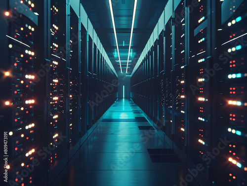 Data Center Computer Racks In Network Security Server Room. Modern Telecommunications  Artificial Intelligence  Supercomputer Technology Concept.