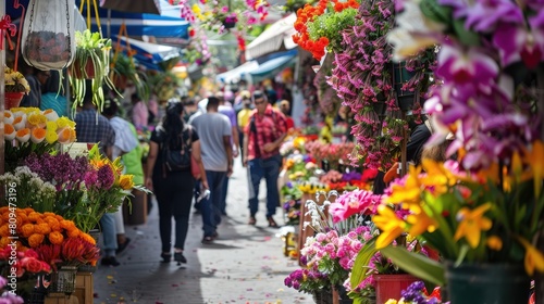 bustling marketplace filled with fresh flowers and exotic plants for sale during Feria de las Flores photo