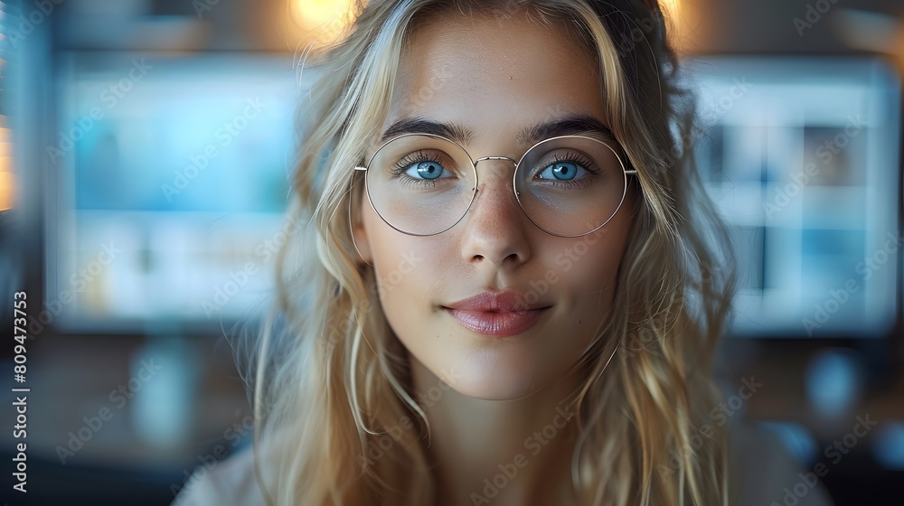 Young Woman with Glasses in Modern Office Young Woman with Glasses in Modern Office