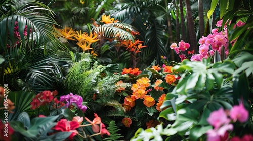 A lush botanical garden with vibrant tropical flowers, ferns, and exotic plants