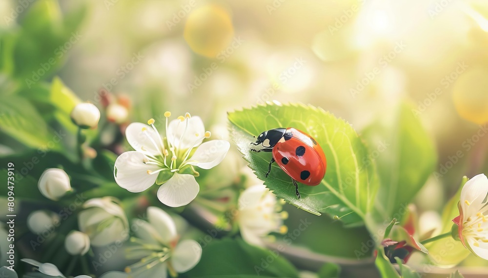 A macro image of a ladybug crawling along a fresh green leaf surrounded by spring flowers A macro image of a ladybug crawling along a fresh green leaf surrounded by spring flowers