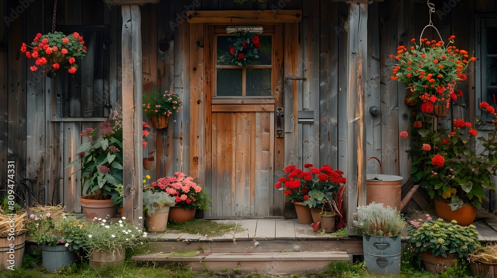 Fototapeta premium Charming Home Entrance Adorned with Colorful Flowers