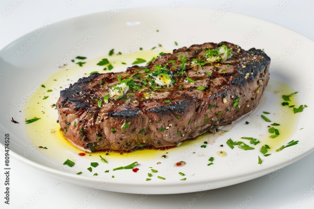 Exquisite Air Fryer Steak with Garlic-Herb Butter on White Plate