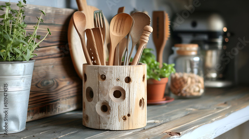 Innovative DIY Holder for Kitchen Utensils Made From Rustic Wood Material