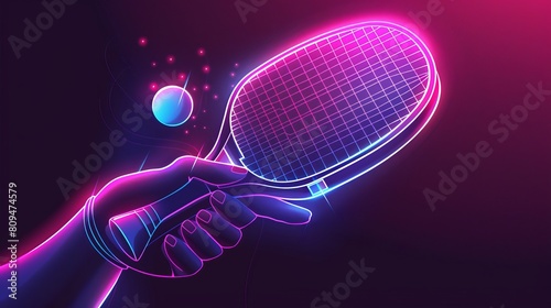 A neon vector illustration depicts a hand holding a ping pong racket and striking a ball.