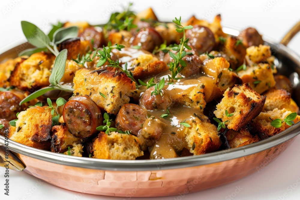 Gleaming Copper Dish: Air Fryer Sausage Stuffing with Delicate Thyme Blossoms