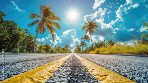 Close-up of an asphalt road with palm trees on both sides