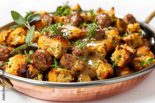 Gleaming Copper Dish: Air Fryer Sausage Stuffing with Delicate Thyme Blossoms