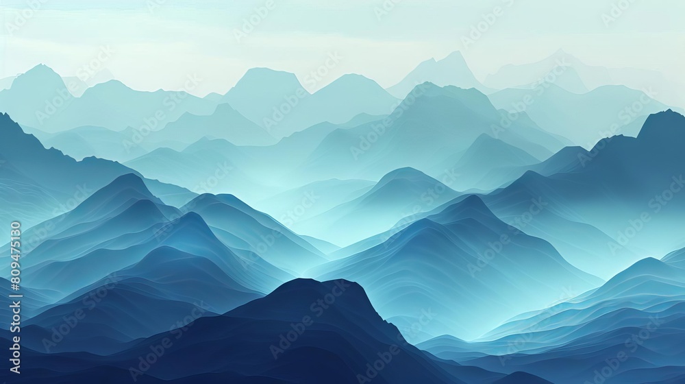 A misty mountain landscape with peaks and valleys fading into the distance, each layer a different shade of blue
