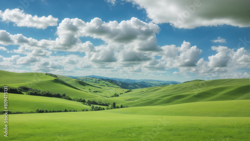 a green grassy hill with white clouds and blue sky.