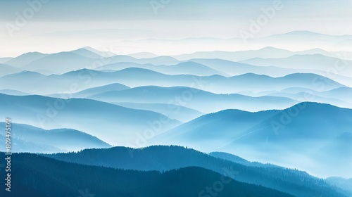A misty mountain landscape with peaks and valleys fading into the distance, each layer a different shade of blue © Preyanuch