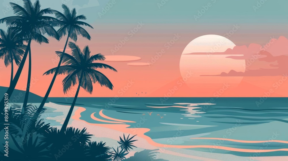 Dawn by the sea flat design side view vacation theme cartoon drawing Complementary Color Scheme