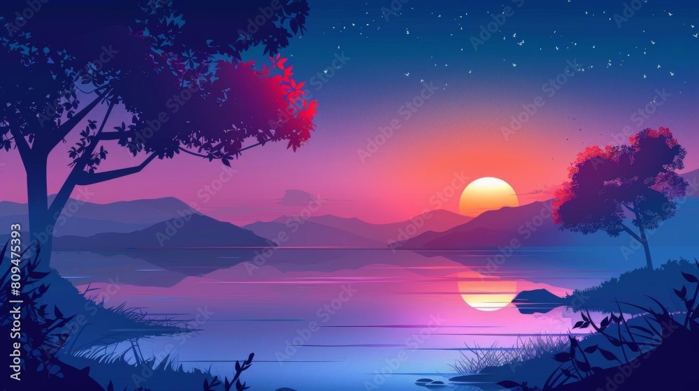 Sunrise by the waterfront flat design top view serene theme animation Complementary Color Scheme