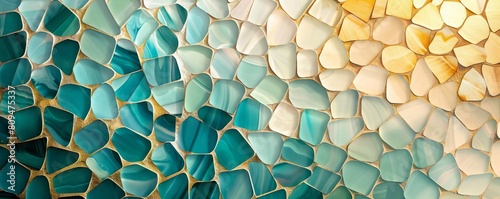 A mosaic gradient design with tessellated shapes moving from turquoise to gold tones photo